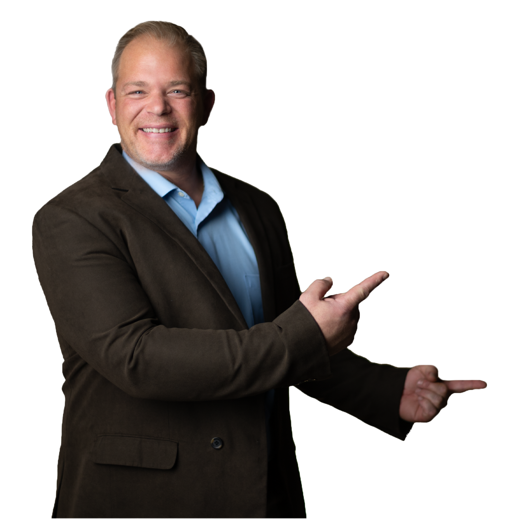 Smiling middle-aged man in blue shirt and brown suit pointing confidently, Racine WI headshot